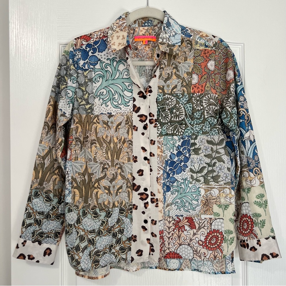 Vilagallo Patchwork Paisley Bohemian Multicolor Long Sleeve Button Up Blouse